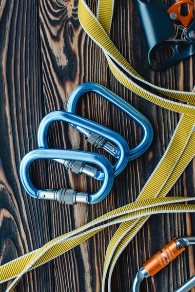 Looking Nice New Isolated Photo Climbing Equipment Parts Carabiners Lying — Stock Photo, Image