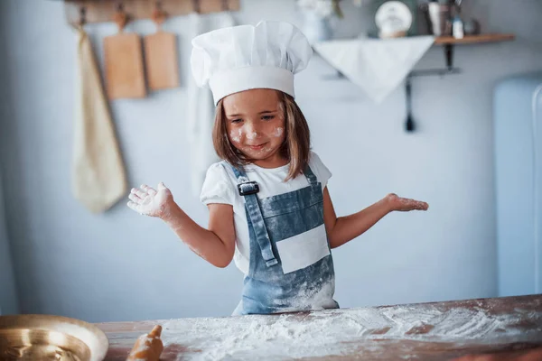 Having Fun Cute Kid White Chef Uniform Preparing Food Kitchen — Stock Photo, Image