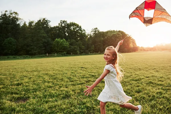 Siento Bien Chica Feliz Ropa Blanca Divertirse Con Cometa Campo —  Fotos de Stock