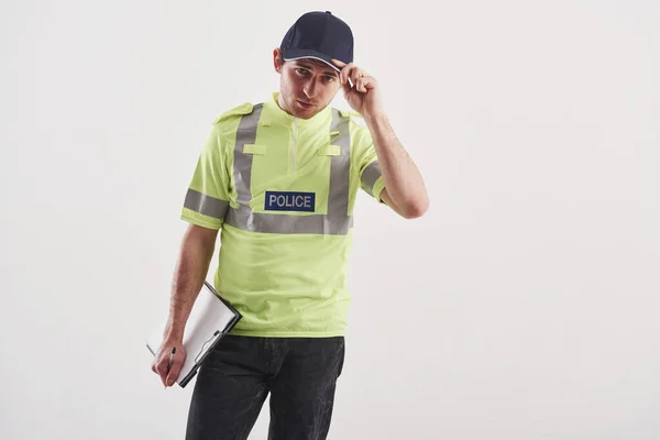 Ich Werde Heute Dein Helfer Sein Polizist Grüner Uniform Steht — Stockfoto