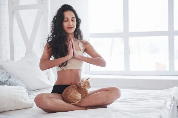 Yoga Στάση Ελκυστική Ξανθιά Ξεκουράζεται Στο Λευκό Κρεβάτι Χαριτωμένο Γατάκι — Φωτογραφία Αρχείου