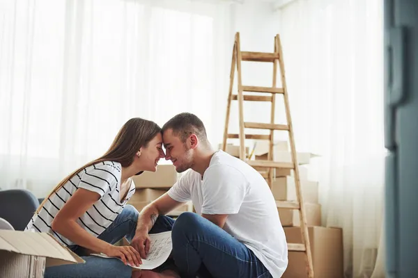 Closeness People Cheerful Young Couple New Apartment Conception Moving Stock Image