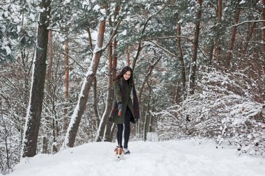 Patikadan aşağı doğru gidiyor. Sıcak giysili bir kadın karlı ormanda köpeği gezdirir. Ön görünüm.