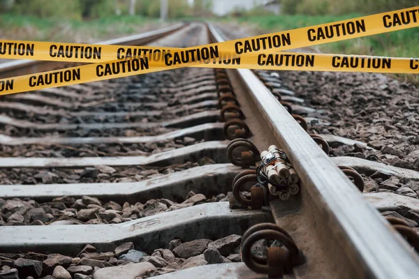 Aware Dangerous Explosive Lying Railway Yellow Caution Tape Front — Stock Photo, Image