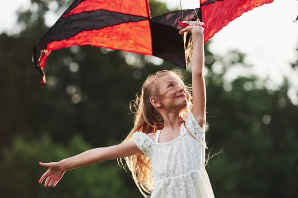 Buen Viento Chica Feliz Ropa Blanca Divertirse Con Cometa Campo —  Fotos de Stock