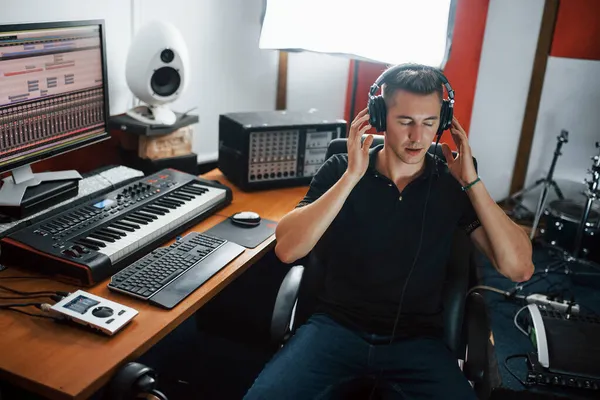 Listening Music Sound Engineer Headphones Working Mixing Indoors Studio — Stock Photo, Image