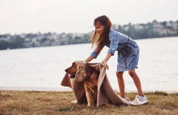 Usando Tappeto Carina Bambina Fare Una Passeggiata Con Suo Cane — Foto Stock