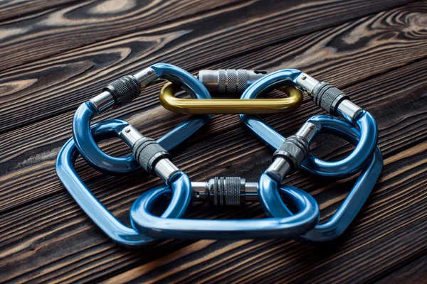 Rock Climbing Sports Isolated Photo Climbing Equipment Parts Carabiners Lying — Stock Photo, Image