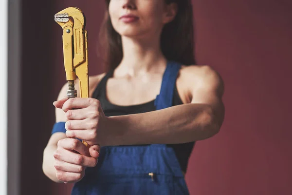 Room Improvement Young Housewife Decided Glue Wallpaper Her New House — Stock Photo, Image