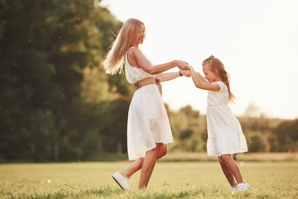 Dancing Together Mother Daughter Enjoying Weekend Together Walking Outdoors Field — Stock Photo, Image