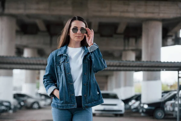 Touching Glasses Portrait Beautiful Young Woman Standing Bridge Outdoors — стоковое фото