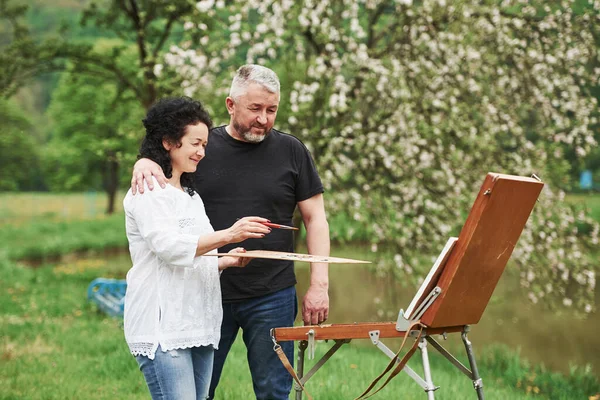 Bad All Mature Couple Have Leisure Days Working Paint Together — Stock Photo, Image