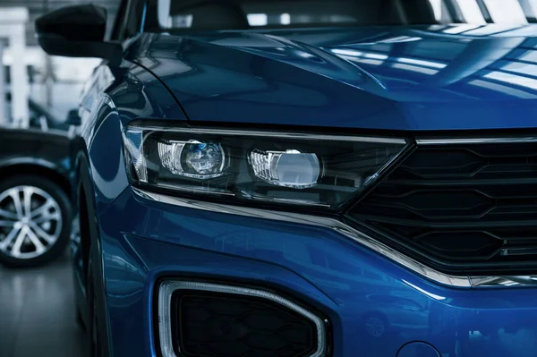 Front Part Brand New Modern Blue Car Parked Showroom Reflection — Stock Photo, Image