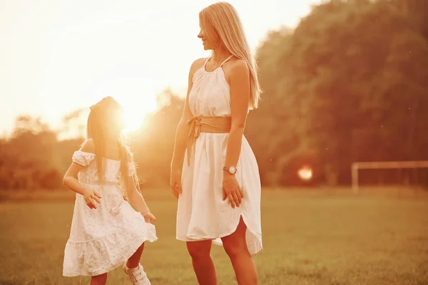 Soccer Field Mother Daughter Enjoying Weekend Together Walking Outdoors Beautiful — Stock Photo, Image