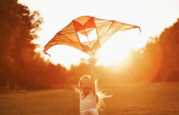 Pôr Sol Menina Feliz Roupas Brancas Divertir Com Pipa Campo — Fotografia de Stock