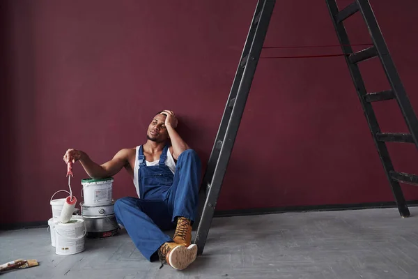 Having Thoughts Young African American Worker Blue Uniform Have Some — Stock Photo, Image