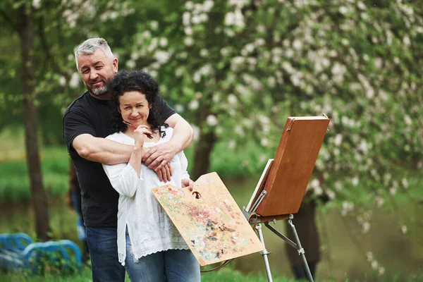 Enjoying Weekend Mature Couple Have Leisure Days Working Paint Together — Stock Photo, Image