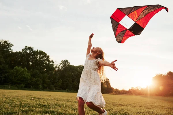 Sentir Libertad Chica Feliz Ropa Blanca Divertirse Con Cometa Campo —  Fotos de Stock