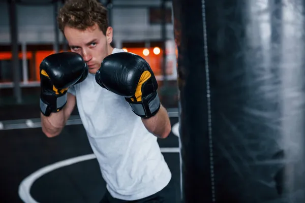 Young Man White Shirt Boxing Protective Gloves Doing Exercises Gym — Stock Photo, Image