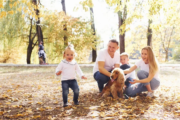 Familia Alegre Joven Con Perro Descansan Parque Otoñal Juntos —  Fotos de Stock