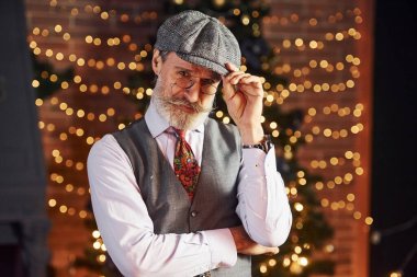 Gri saçlı, sakallı, ceketli ve beyaz gömlekli son sınıf öğrencisinin portresi süslü Noel odasında..