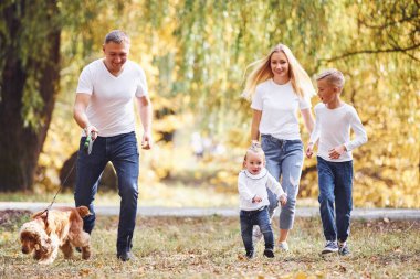 Neşeli genç aile birlikte bir sonbahar parkında yürüyüş yapıyor..