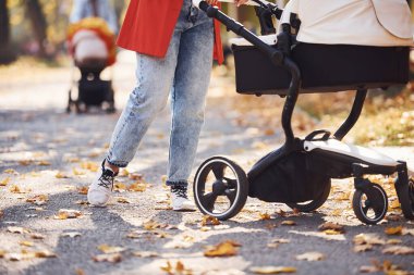 Manzarayı kapat. Kırmızı ceketli anne, sonbahar zamanı çocuğuyla parkta yürüyüşe çıkar..