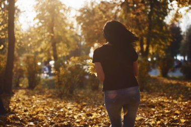 Gündelik giysiler içinde esmer güzel sonbahar parkında yapraklarla eğleniyor..
