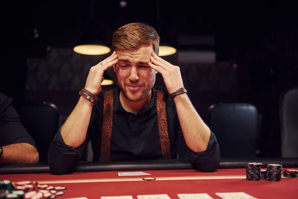 Elegant Young Man Sits Casino Feels Bad Because Loses Poker — Stock Photo, Image