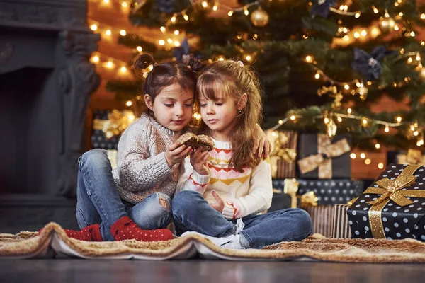 2人の女の子が楽しいですクリスマスの装飾された部屋でギフトボックス — ストック写真