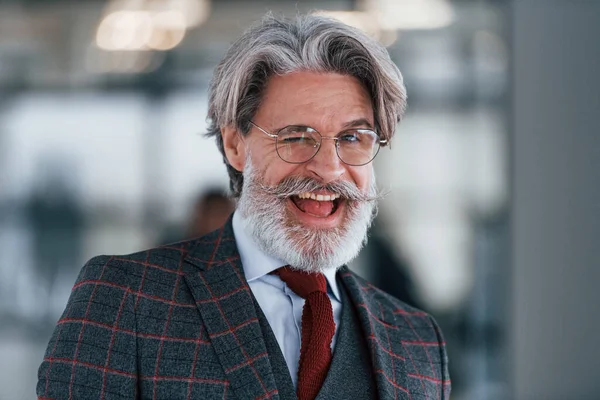 Empresário Sênior Terno Gravata Com Cabelos Grisalhos Barba Sorrindo Piscando — Fotografia de Stock