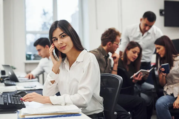 Woman Have Call Young Business People Working Together Modern Office — Stock Photo, Image