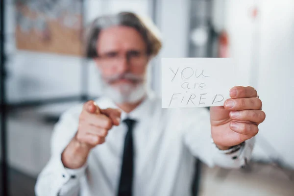 Holding Paper Text You Fired Mature Businessman Grey Hair Beard — Stock Photo, Image