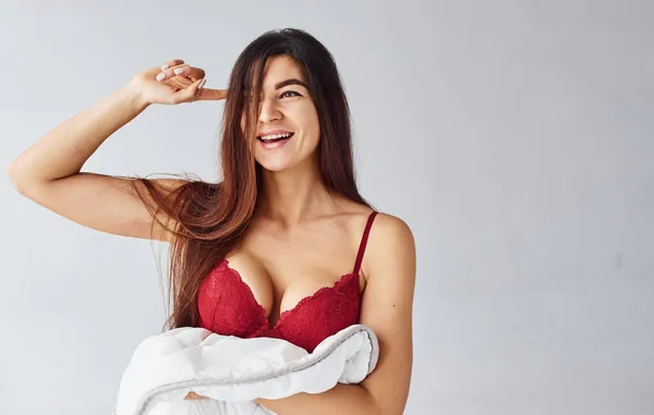 Woman Red Underwear Covering Her Body Towel Studio Showing Gesture — Stock Photo, Image