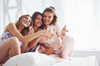 Ellerinde alkol bardaklarıyla kutluyorlar. Mutlu bayan arkadaşlar yatak odasında pijama partisinde iyi vakit geçiriyorlar..