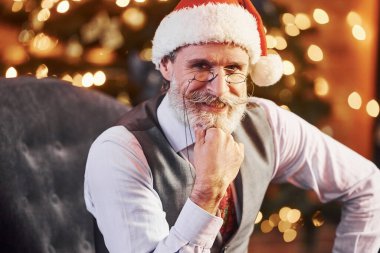 Beyaz gömlekli, gri saçlı ve sakallı son sınıf öğrencisinin portresi dekore edilmiş Noel odasında..