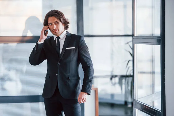 Talking Phone Office Portrait Handsome Young Businessman Black Suit Tie — Stock Photo, Image