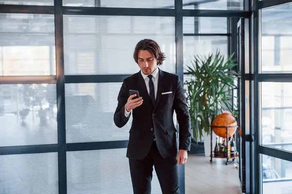 Using Phone Portrait Handsome Young Businessman Black Suit Tie — Stock Photo, Image