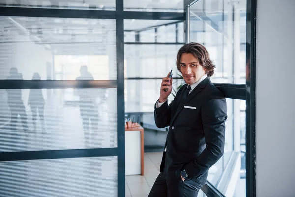 Using Phone Portrait Handsome Young Businessman Black Suit Tie — Stock Photo, Image
