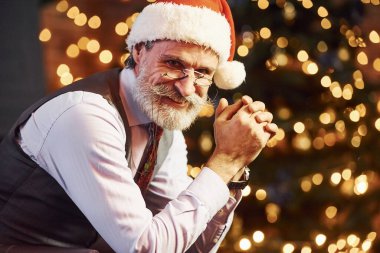 Gri saçlı, sakallı, ceketli ve beyaz gömlekli son sınıf öğrencisinin portresi süslü Noel odasında..