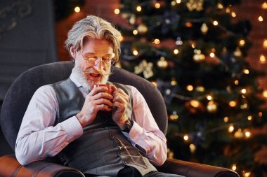 Gri saçlı ve sakallı son sınıf öğrencisinin portresi süslü Noel odasında bir bardak içkiyle duruyor..