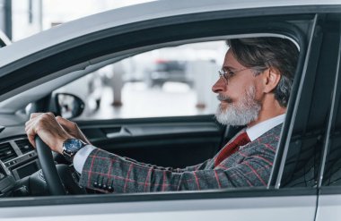 Modern stil, gri saçlı ve bıyıklı son sınıf öğrencisi modern arabada..