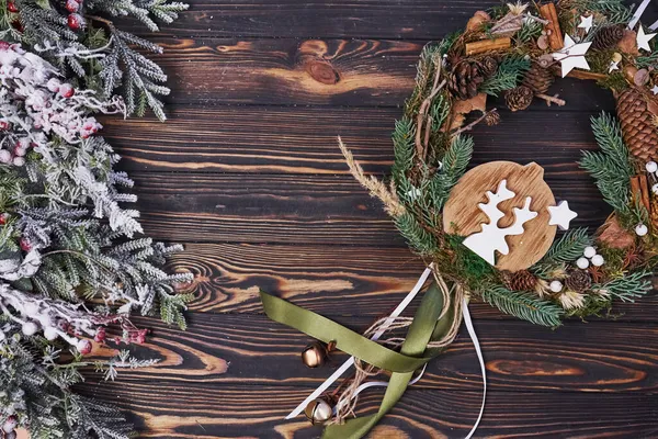 Niedlicher Keks Blick Von Oben Auf Weihnachtliche Festumrahmung Mit Neujahrsdekoration — Stockfoto