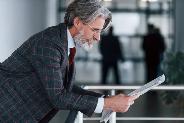 Hombre Negocios Senior Traje Corbata Con Pelo Gris Barba Sostiene —  Fotos de Stock