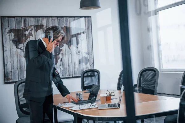 Gri Saçlı Sakallı Olgun Bir Işadamı Ofisinde Telefonla Konuşur — Stok fotoğraf