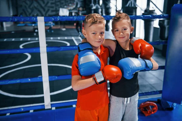 Retrato Dois Meninos Luvas Proteção Juntos Ringue Boxe — Fotografia de Stock