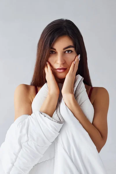 Touching Face Hands Woman Covering Her Body Towel Studio White — Stock Photo, Image