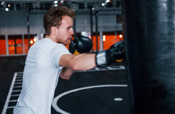 Young Man White Shirt Boxing Protective Gloves Doing Exercises Gym — Stock Photo, Image