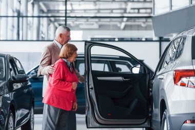 Resmi kıyafetli yaşlı adam otomobil seçiminde kadını destekliyor.