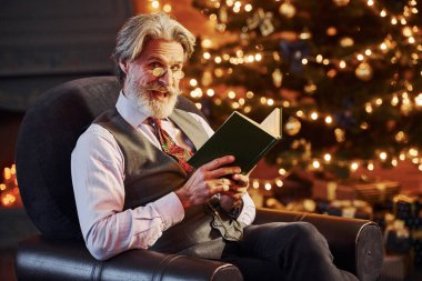 Gri saçlı ve sakallı son sınıf öğrencisinin portresi elinde kitapla süslenmiş Noel odasında..